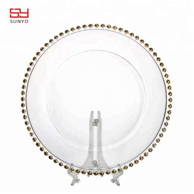 Wholesale 13 inch clear gold silver beaded glass charger plates for dinner